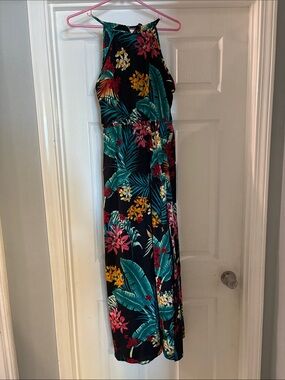 Tropical Black Halter Maxi Jumpsuit with Teal & Pink Floral Print
